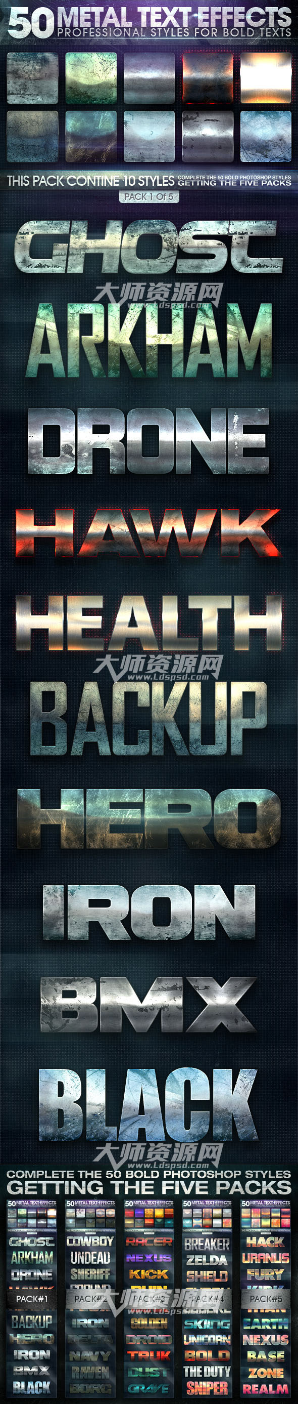 50个金属质感的PS图层样式合集：50 Metal Text Effects Pack 01